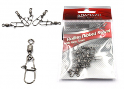 Вертлюг с застежкой Namazu ROLLING RIBBED SWIVEL WITH NICE SNAP, цв. BN, р. 8, test-17 кг, катаный у